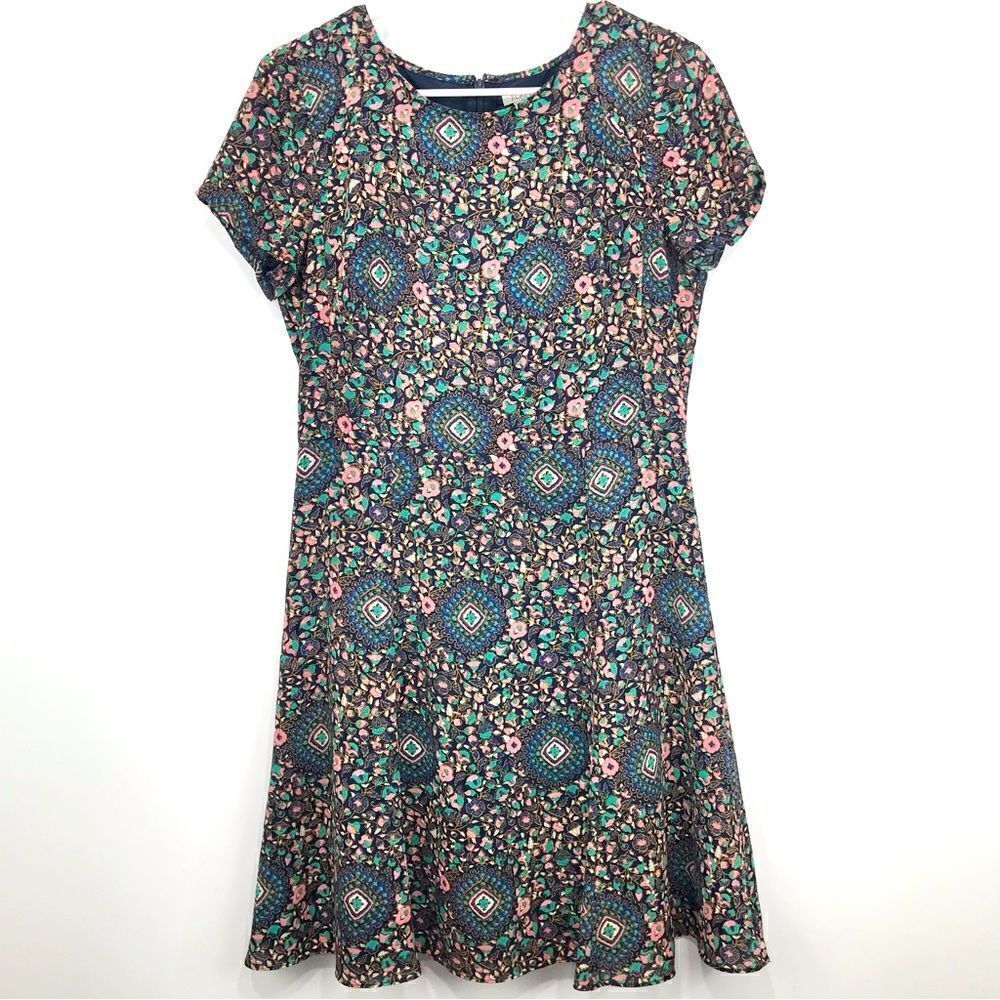 J. Crew Factory Blue Pink Teal Floral Medallion Short Sleeve ALine Flutter Dress